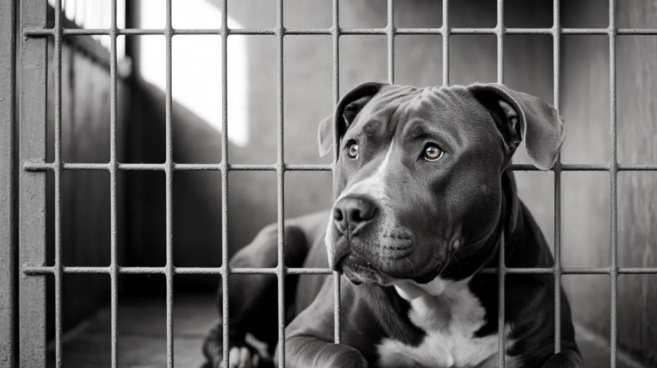 A somber black and white photograph of a Pit Bull sitting in a metal cage, looking contemplative and vulnerable