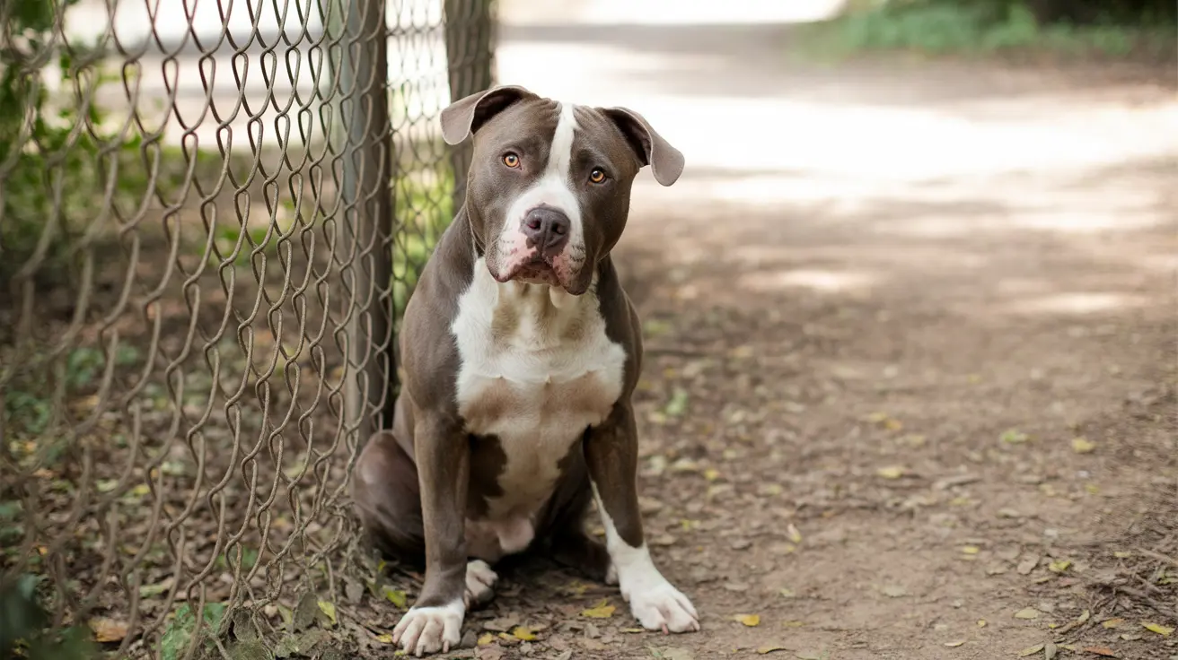灰色と白のピットブルテリアが土の道の横の金網のフェンスの隣に静かに座っている