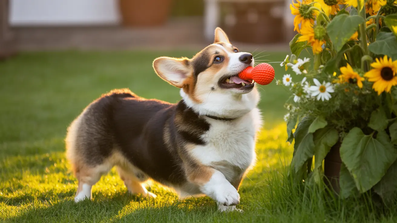 Playful Corgi holding a red textured ball in its mouth in a sunny garden with sunflowers and daisies