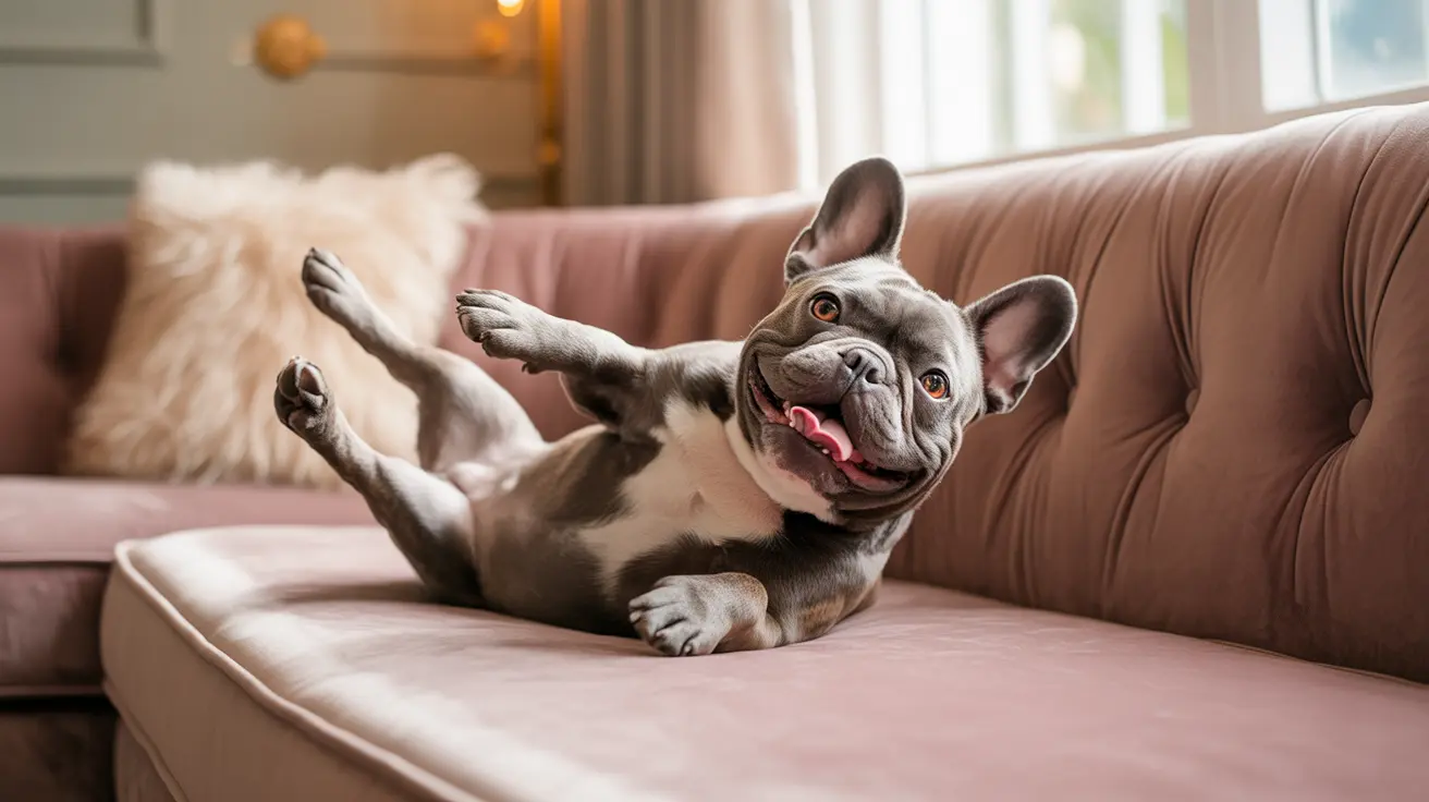 A playful French Bulldog lying on a pink couch with an energetic and happy expression.