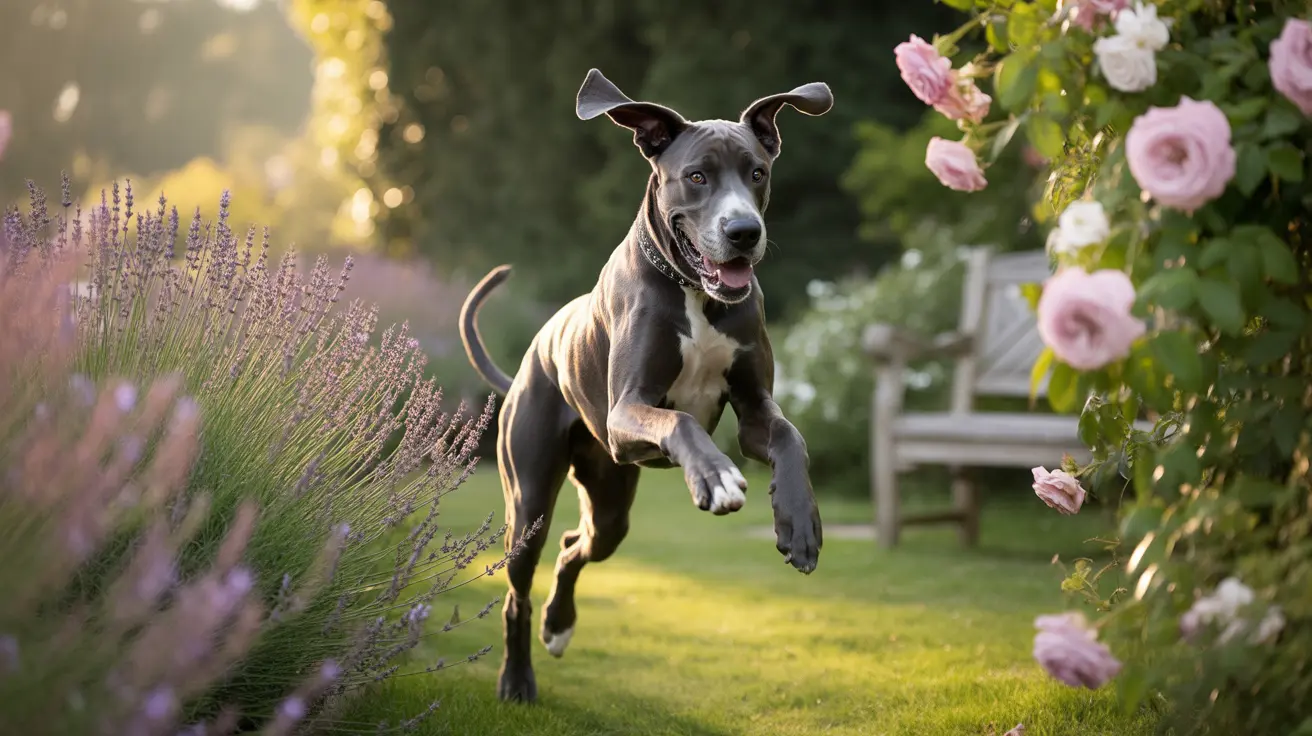 A playful Pit Bull leaping energetically through a garden with lavender and roses