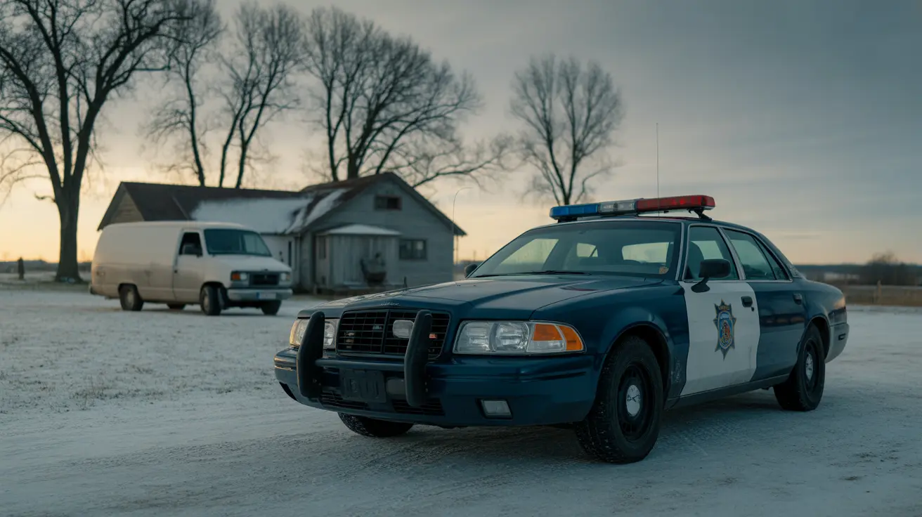 冬の黄昏時に緊急ライトを点灯したパトカーが雪に覆われた田舎の住宅地の近く、住宅と白いバンのそばに駐車している様子