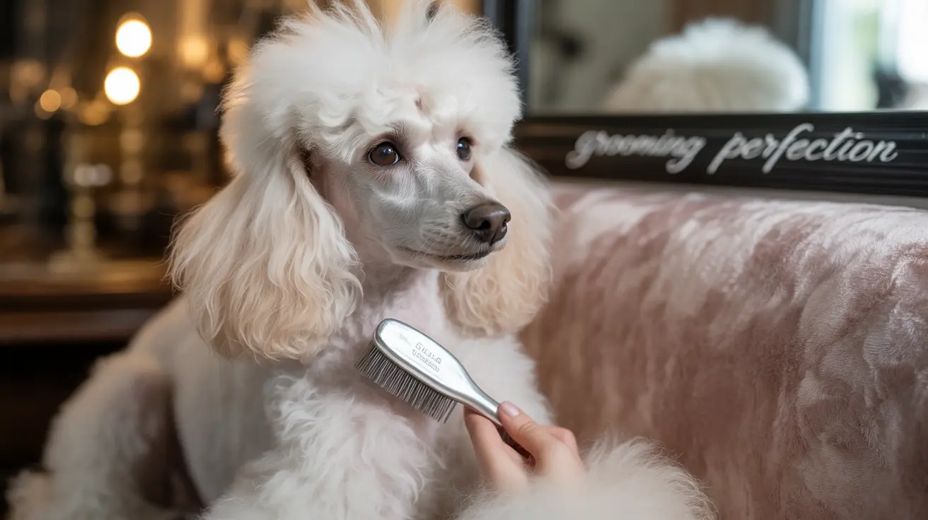 A white Poodle being groomed with a professional brush on a pink velvet surface