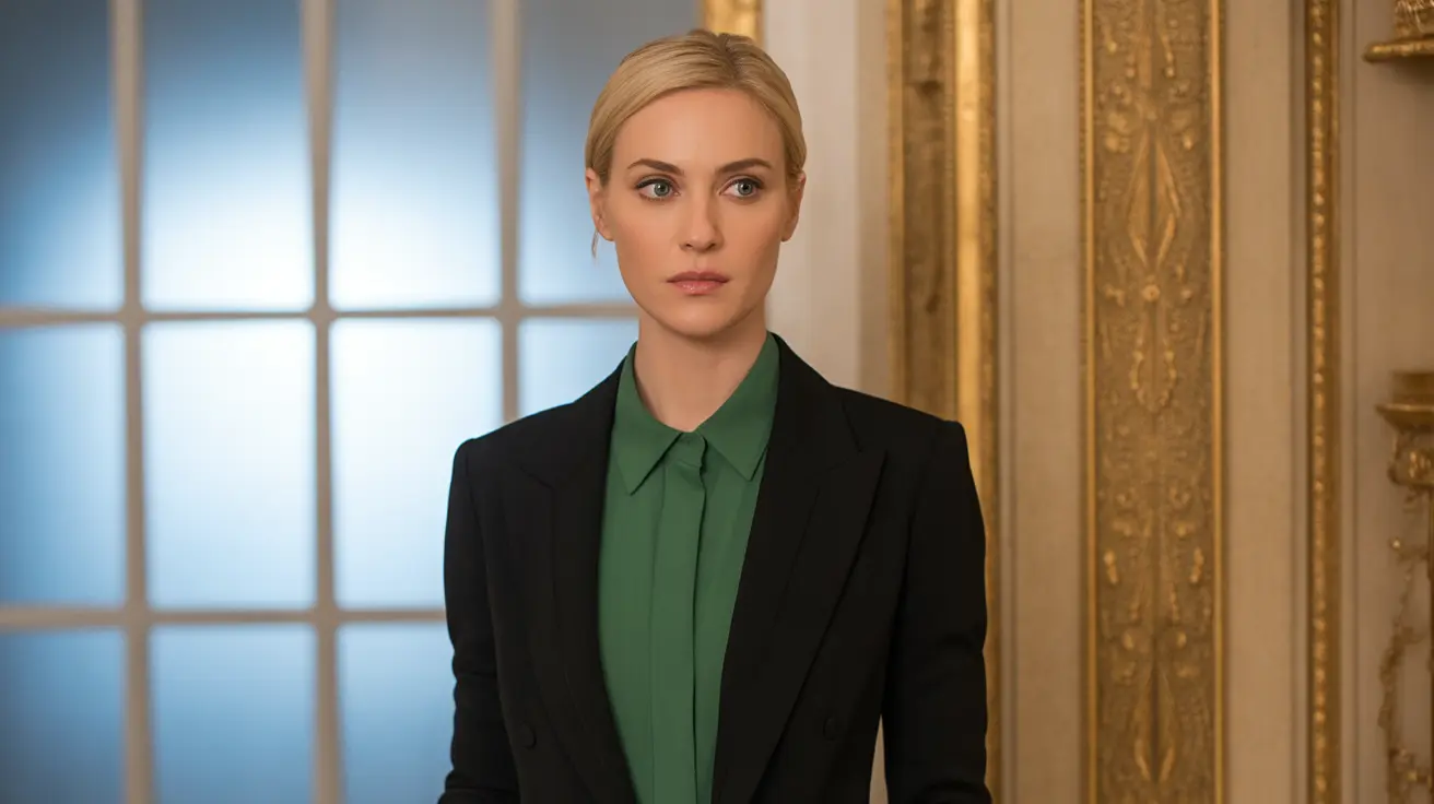 黒のブレザーを緑のシャツの上に着たブロンドの髪の女性が、華麗で装飾が施された部屋に立っている