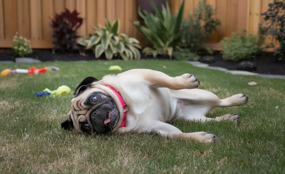 A pug playfully rolls on the grass in a well-kept backyard, looking content