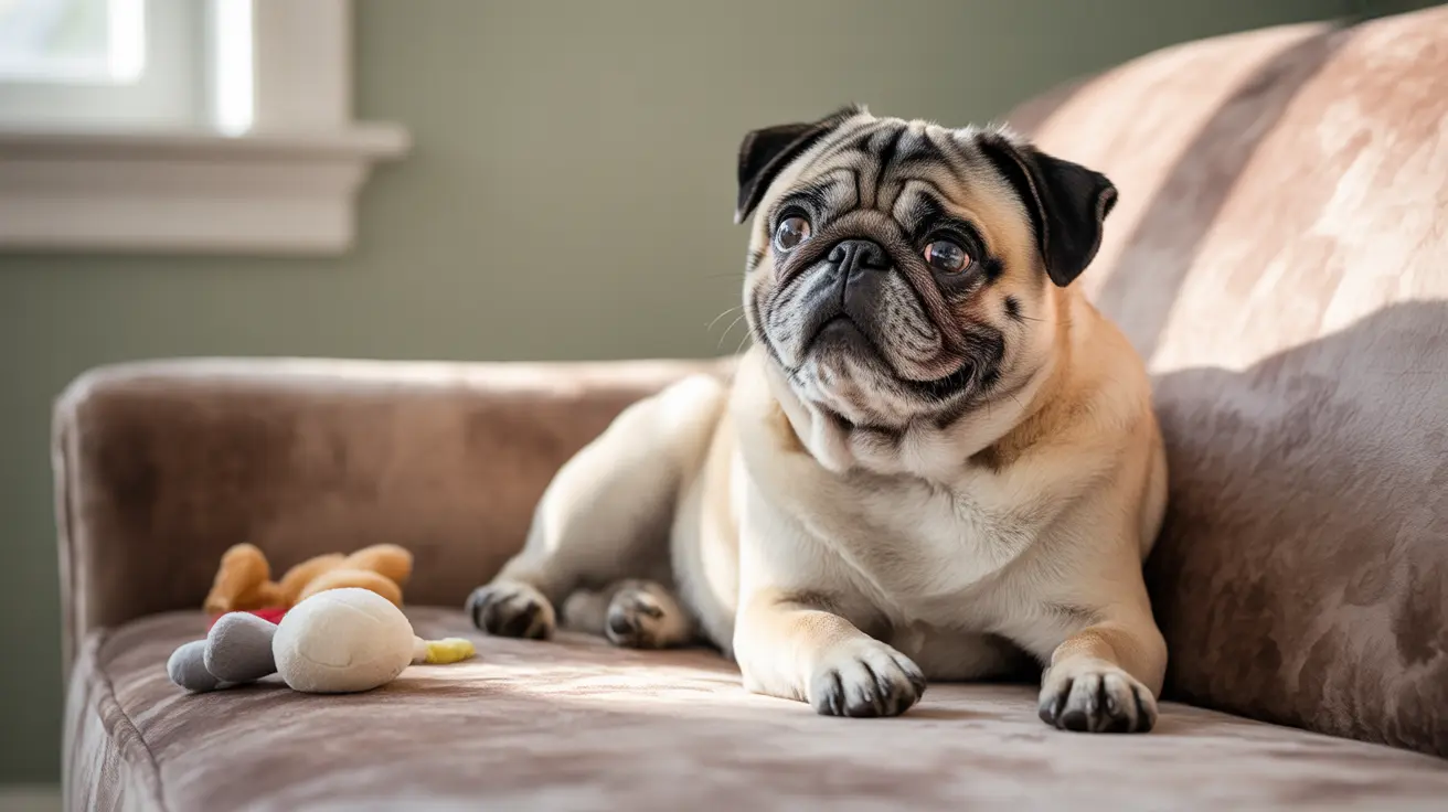 A fawn-colored Pug sitting on a plush couch with soft toys nearby