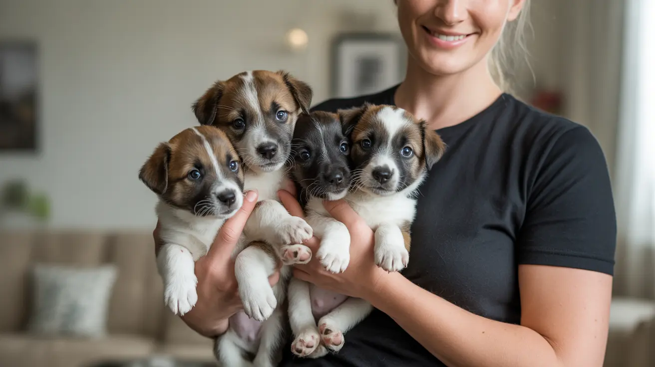 Una mujer sonriente con camiseta negra sosteniendo cuatro cachorros adorables con marcas marrones, blancas y negras en sus brazos