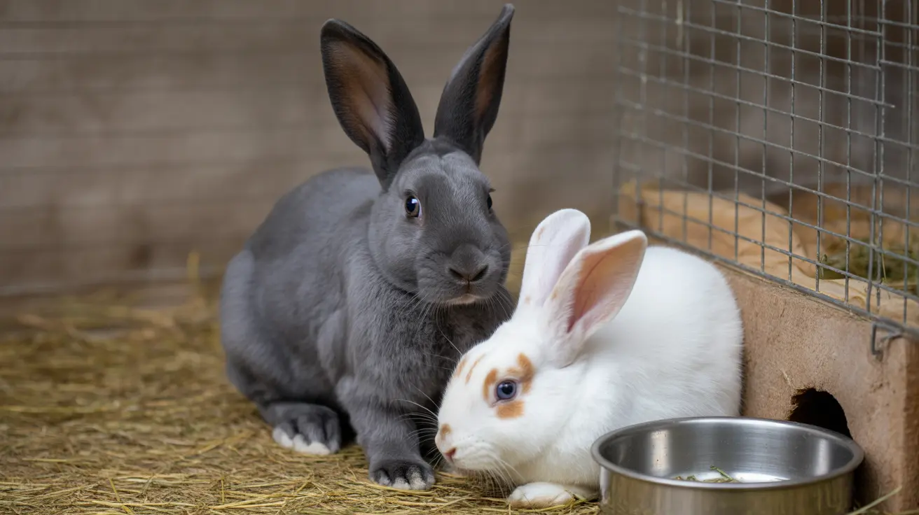 藁の敷き床のあるワイヤー製囲いの中に、灰色のウサギと茶色の模様がある白いウサギの二匹が一緒に座っている様子