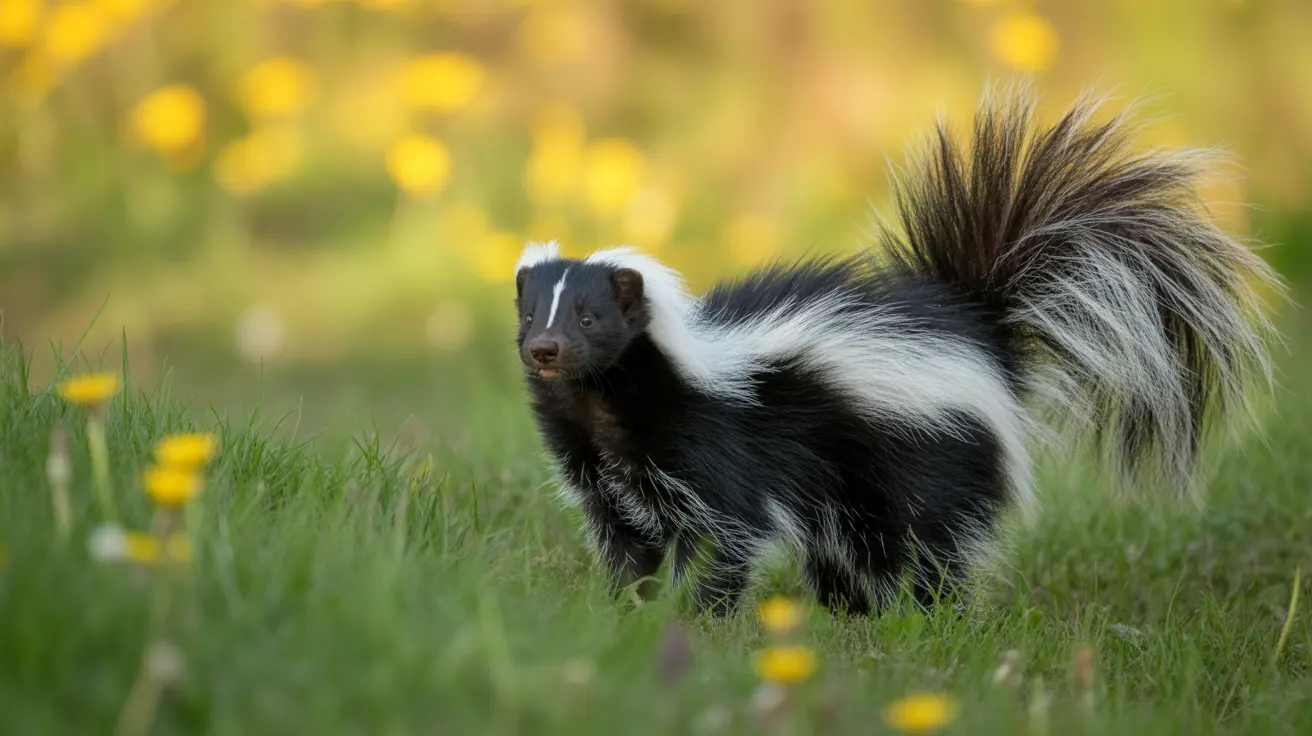 特徴的な白黒の縞模様の毛皮とふわふわの尾を持つ小さなスカンクが、黄色い野花に囲まれた青々とした草の中に立っている。