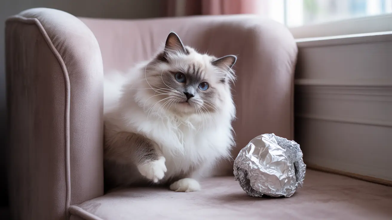 ふわふわした白とグレーのラグドール猫が柔らかなピンク色のアームチェアの上に上品に座り、隣にはくしゃくしゃのアルミホイルのボールが置かれている様子