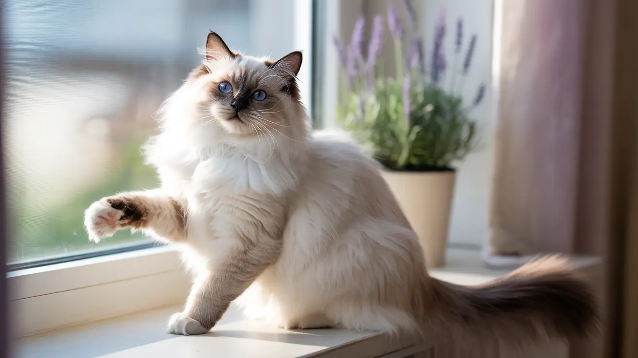 A beautiful Ragdoll cat with striking blue eyes sitting on a windowsill, bathed in soft natural light