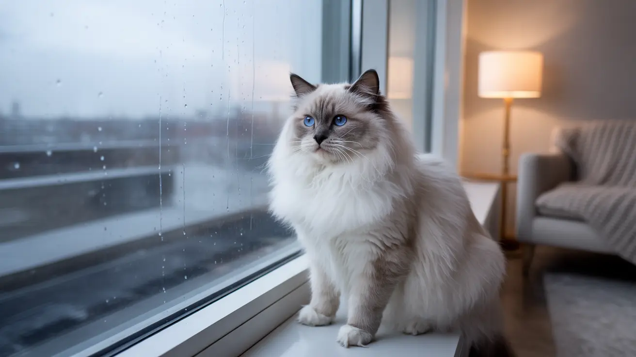 A fluffy white Ragdoll cat with striking blue eyes sitting on a windowsill on a rainy day