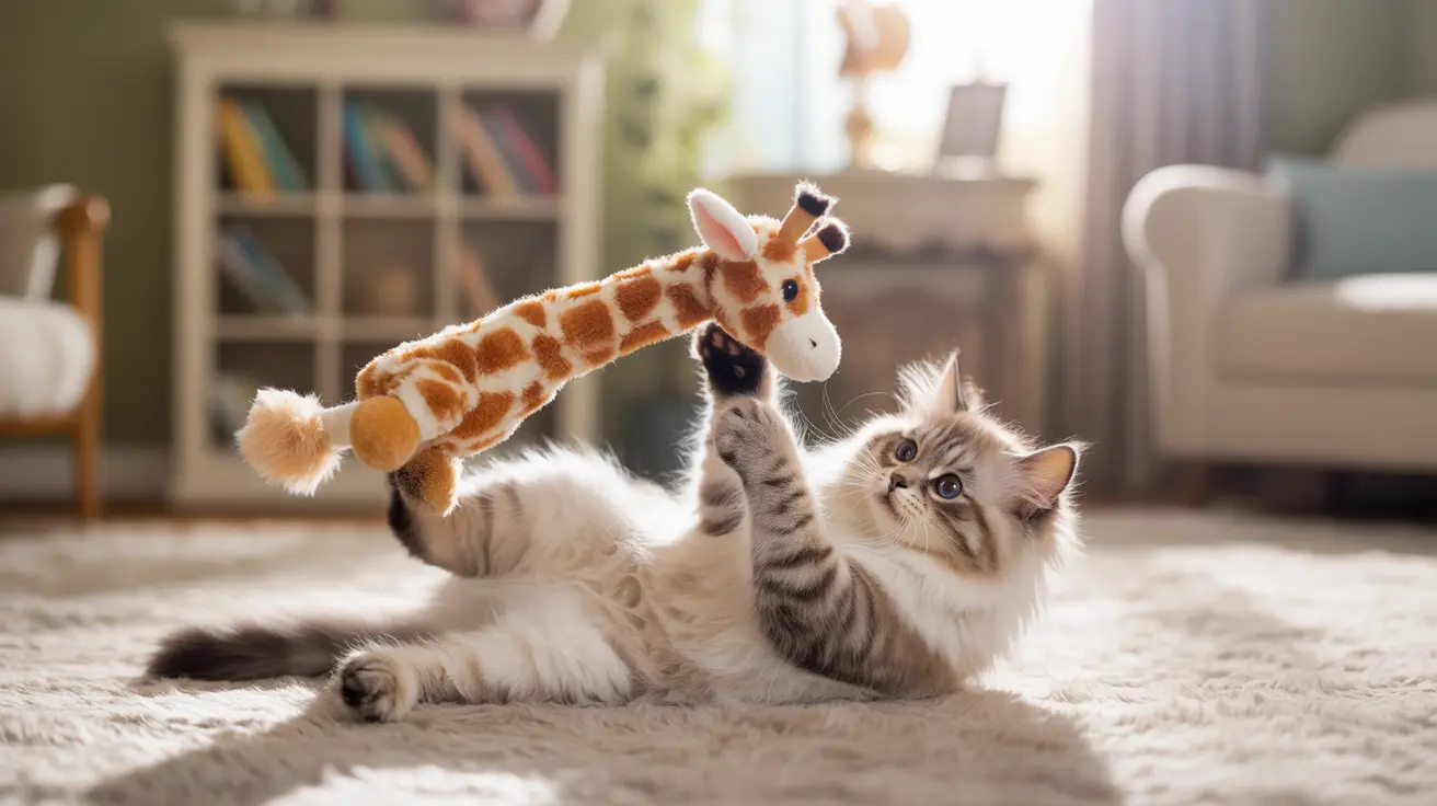 A fluffy Ragdoll cat playfully holding a giraffe stuffed animal while lying on a soft carpet