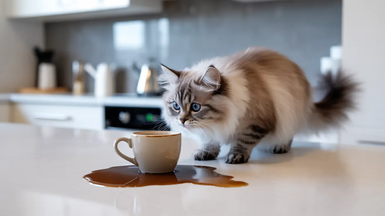 A Ragdoll cat near a spilled coffee cup on a kitchen counter