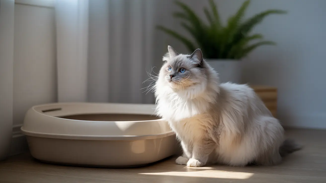 Un gato Ragdoll blanco y crema, esponjoso, con ojos azules llamativos sentado junto a una caja de arena.