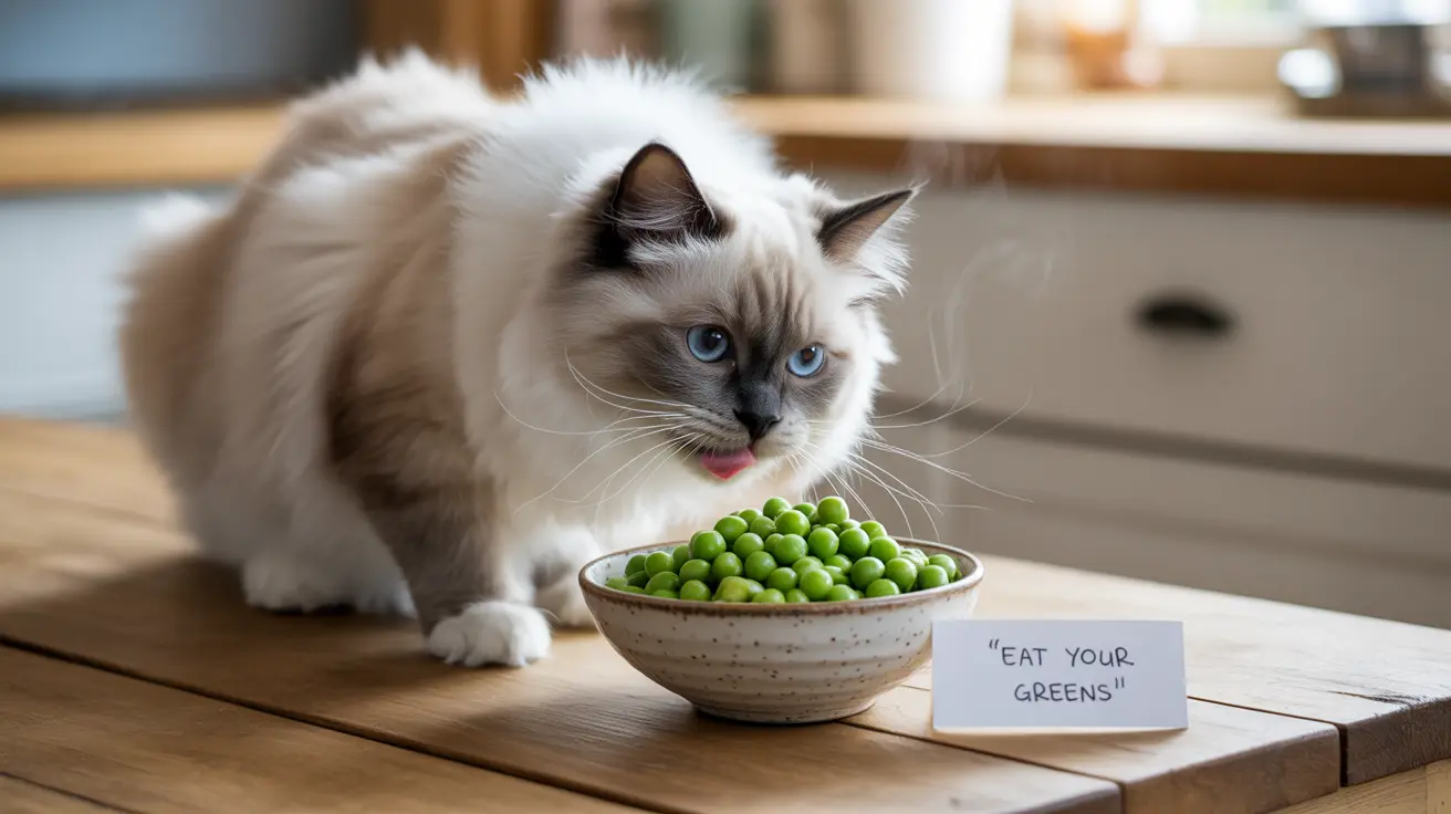 A fluffy Ragdoll cat sniffs at a bowl of steamed peas with bright blue eyes