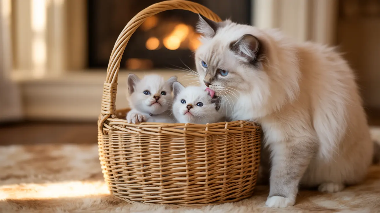 A Ragdoll cat with two small kittens in a woven wicker basket by a warm fireplace