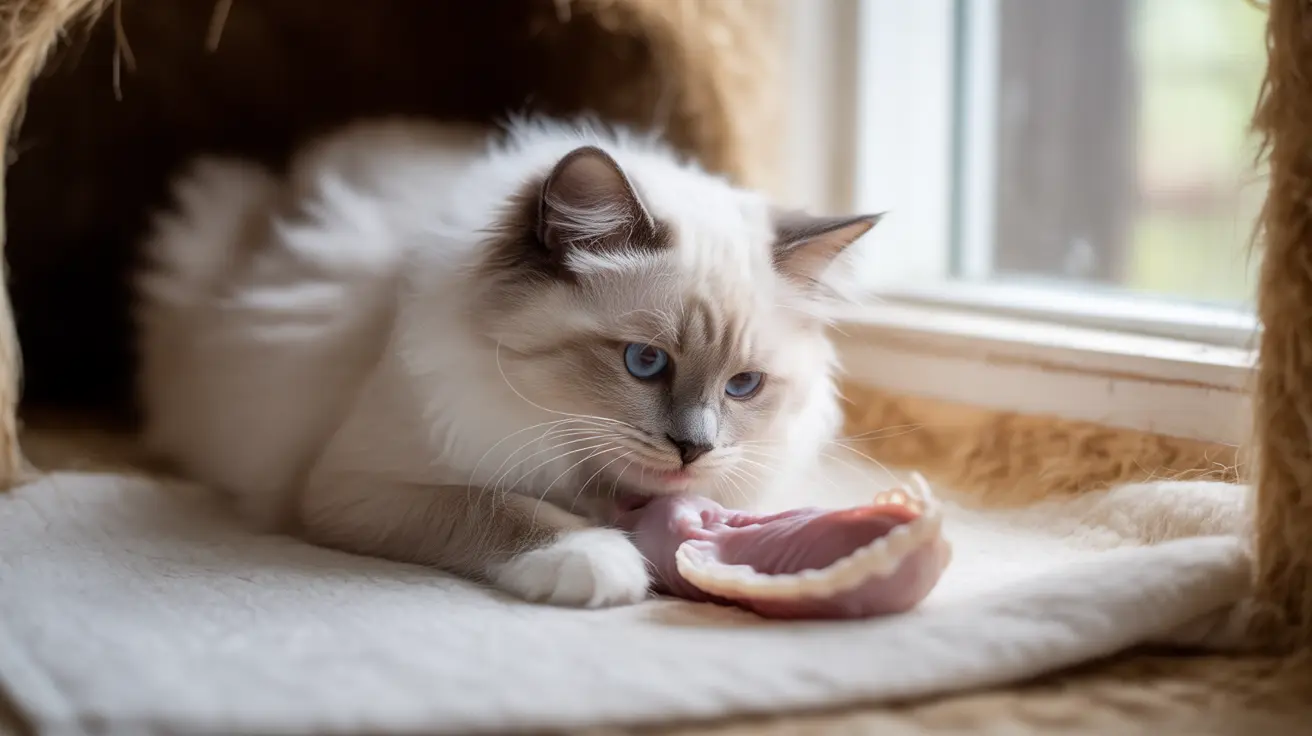 A blue-eyed Ragdoll cat near a window licking raw meat