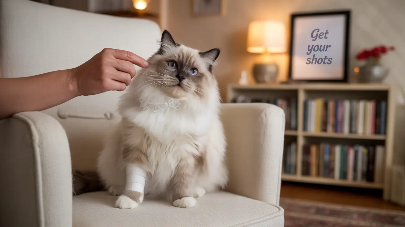 A fluffy white and cream Ragdoll cat sitting on a cream-colored armchair with someone's hand petting its head