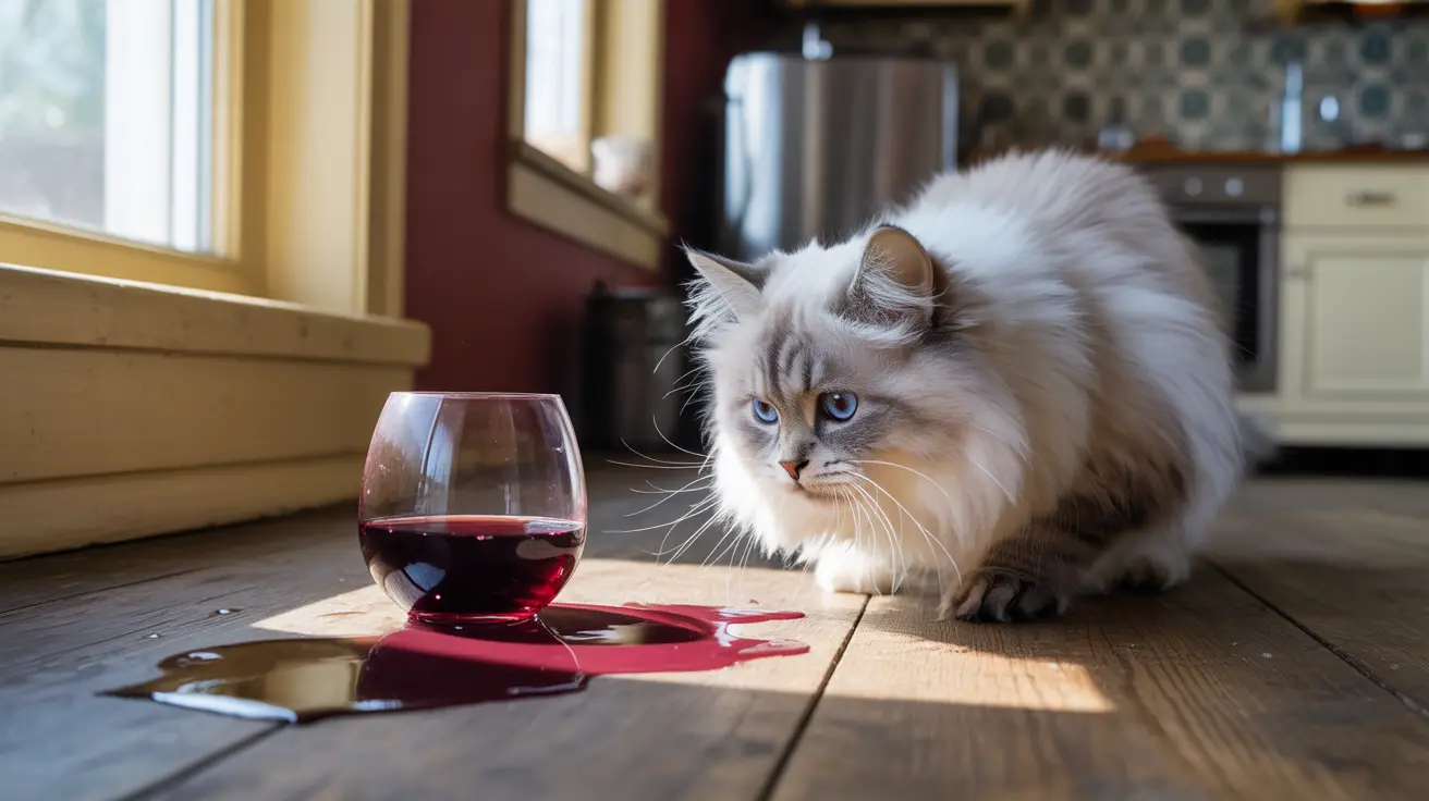 A fluffy white and gray Ragdoll cat sitting near a spilled glass of red wine on a wooden floor