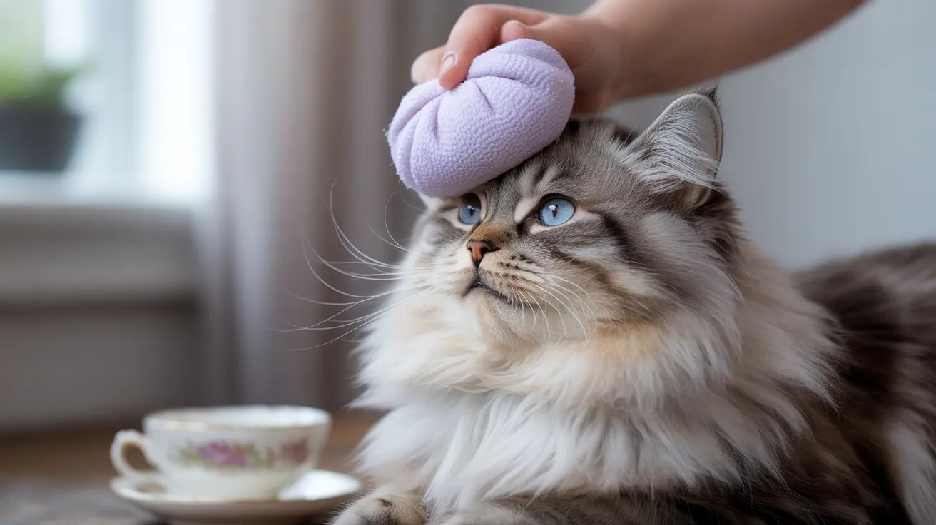 A fluffy Ragdoll cat with striking blue eyes being gently touched on the head with a soft purple object