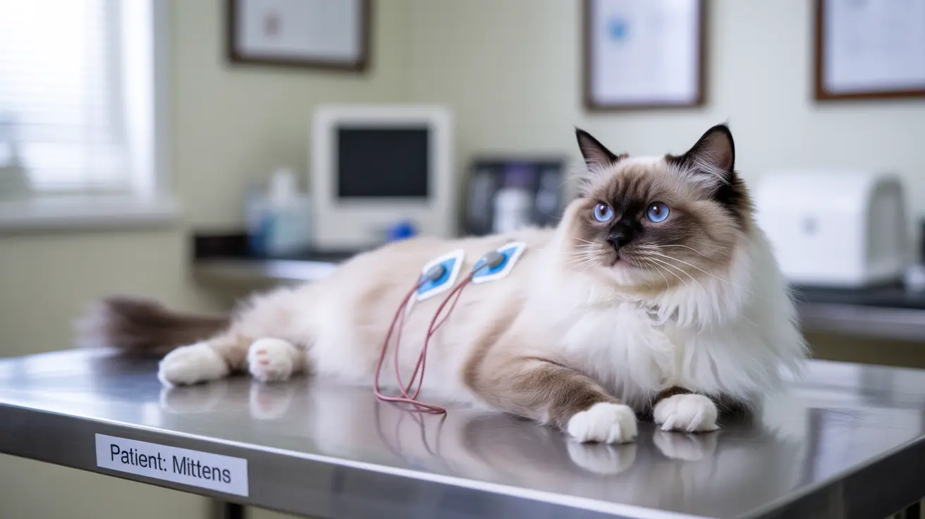 A Ragdoll cat sitting on a veterinary examination table with monitoring electrodes attached