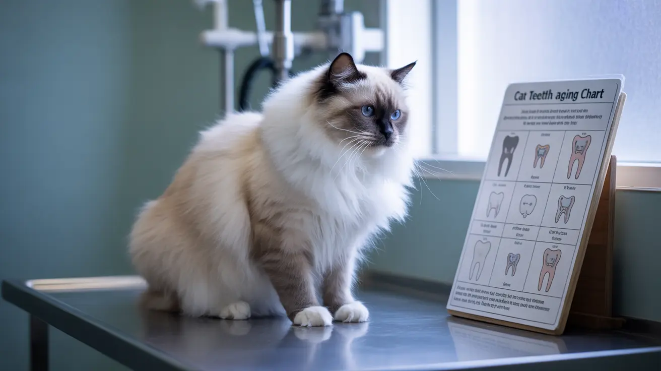 Fluffy white and cream Ragdoll cat sitting on an examination table next to a cat teeth aging chart in a veterinary clinic