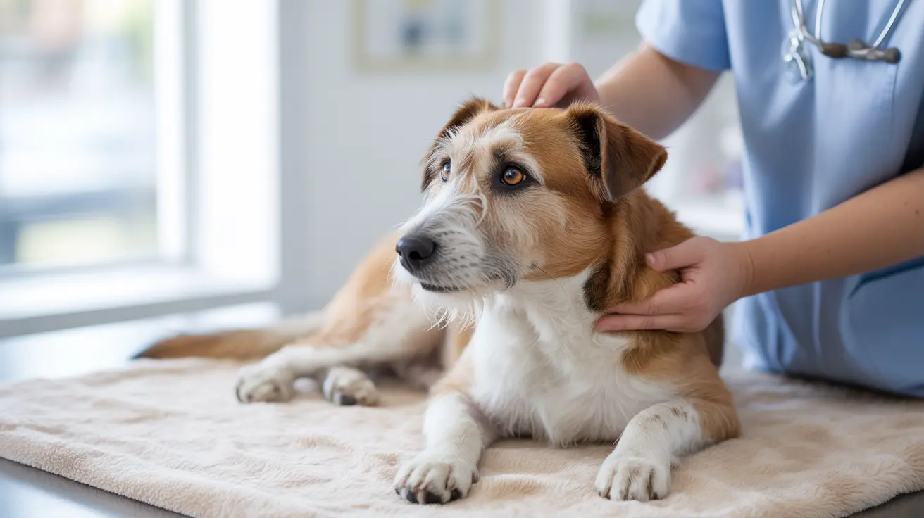 ジャック・ラッセル・テリアが診察台に横たわり、青いスクラブを着た獣医に優しく撫でられている様子