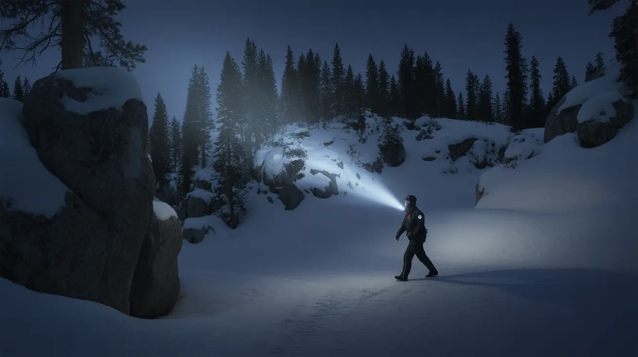 Una persona con linterna frontal caminando en un paisaje invernal nevado al anochecer entre árboles perennes y terreno rocoso
