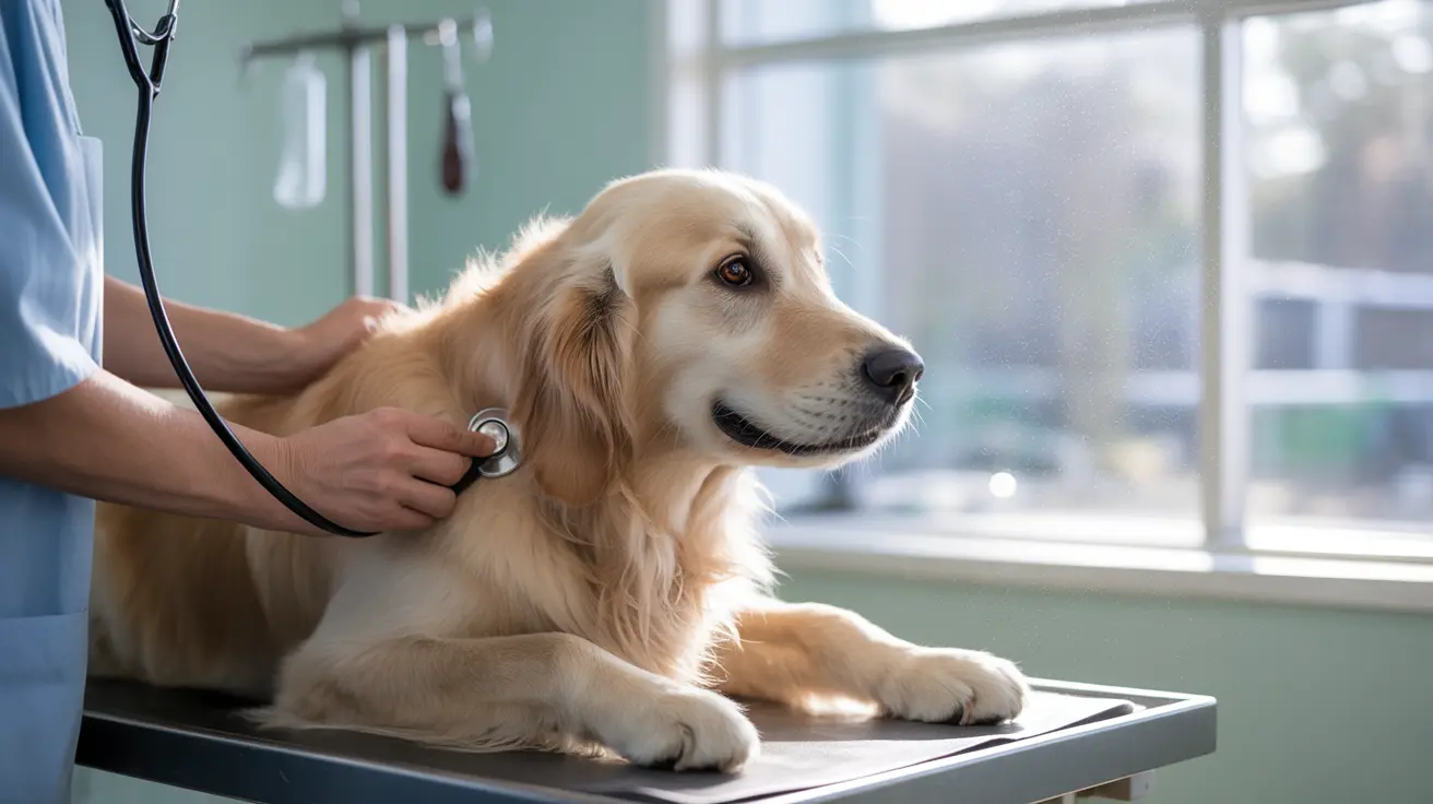 明るい獣医クリニックで聴診器を使って獣医師に診察されているゴールデンレトリバー
