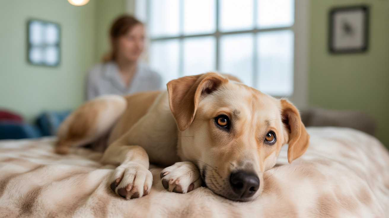 Concerned pet owner examining an emaciated dog showing signs of neglect