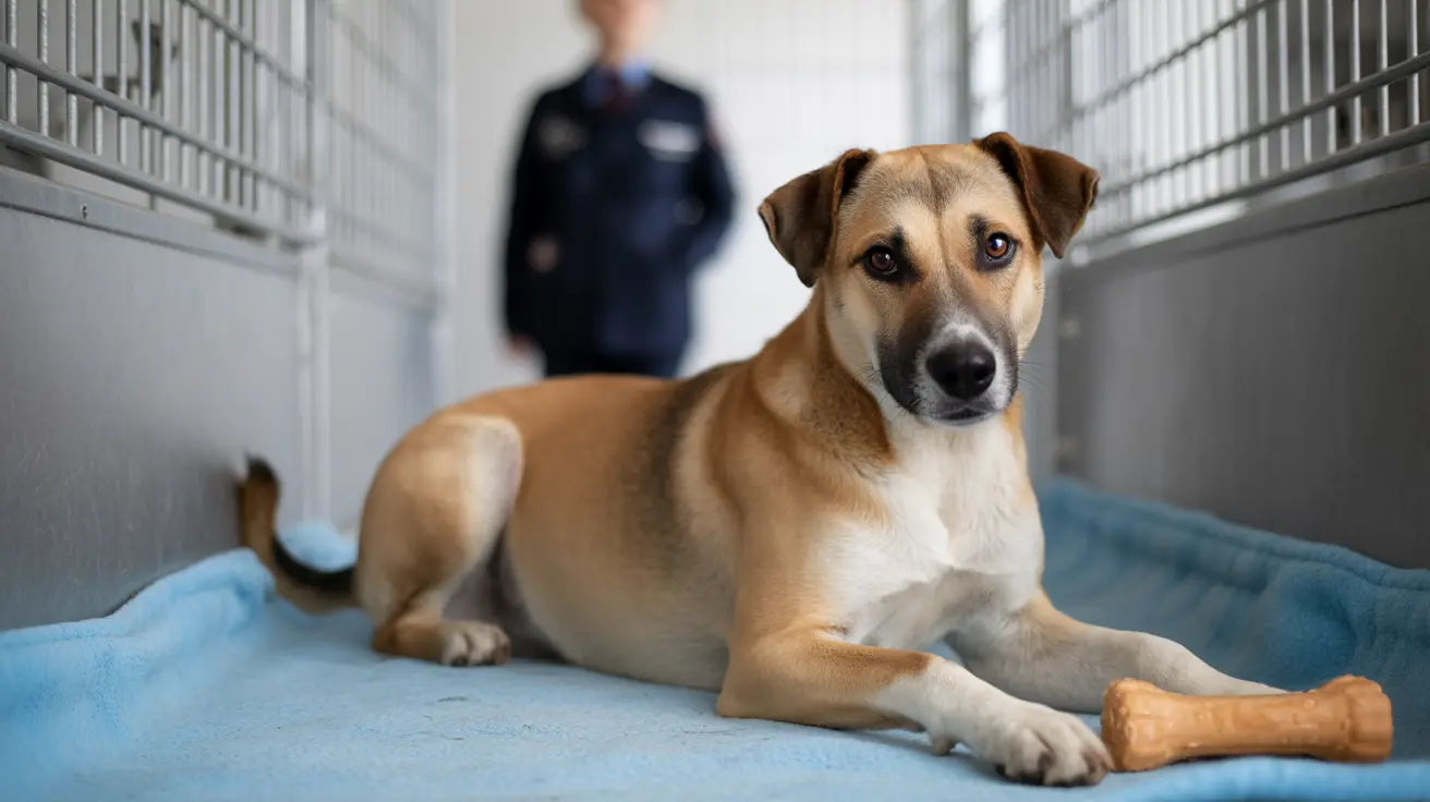 茶色と白の雑種犬が青い毛布の上に横たわり、その背景に制服を着た人物が動物保護施設の檻の中で立っている様子