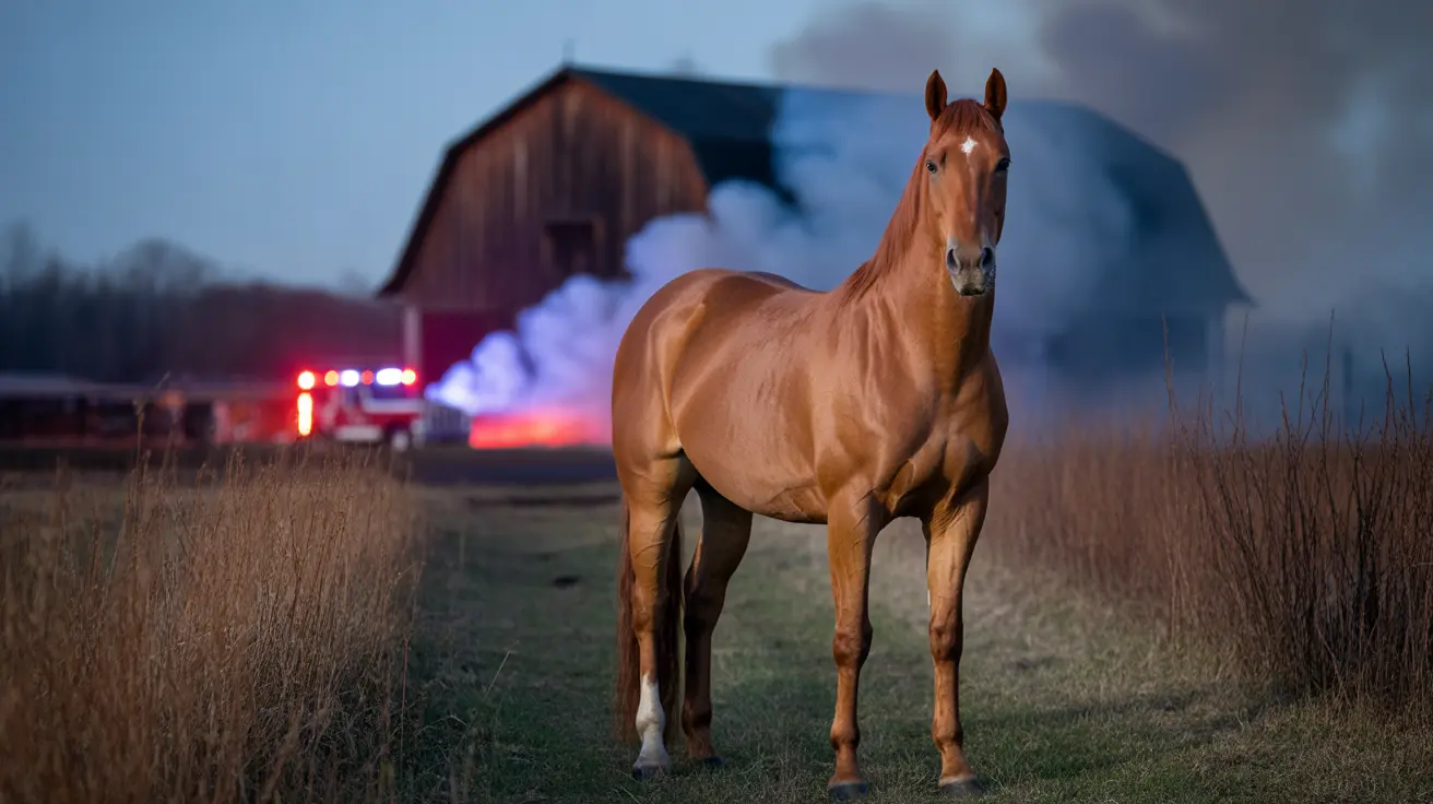 Un caballo castaño alerta de pie en un campo rural con un granero en llamas y vehículos de emergencia al fondo durante el crepúsculo.