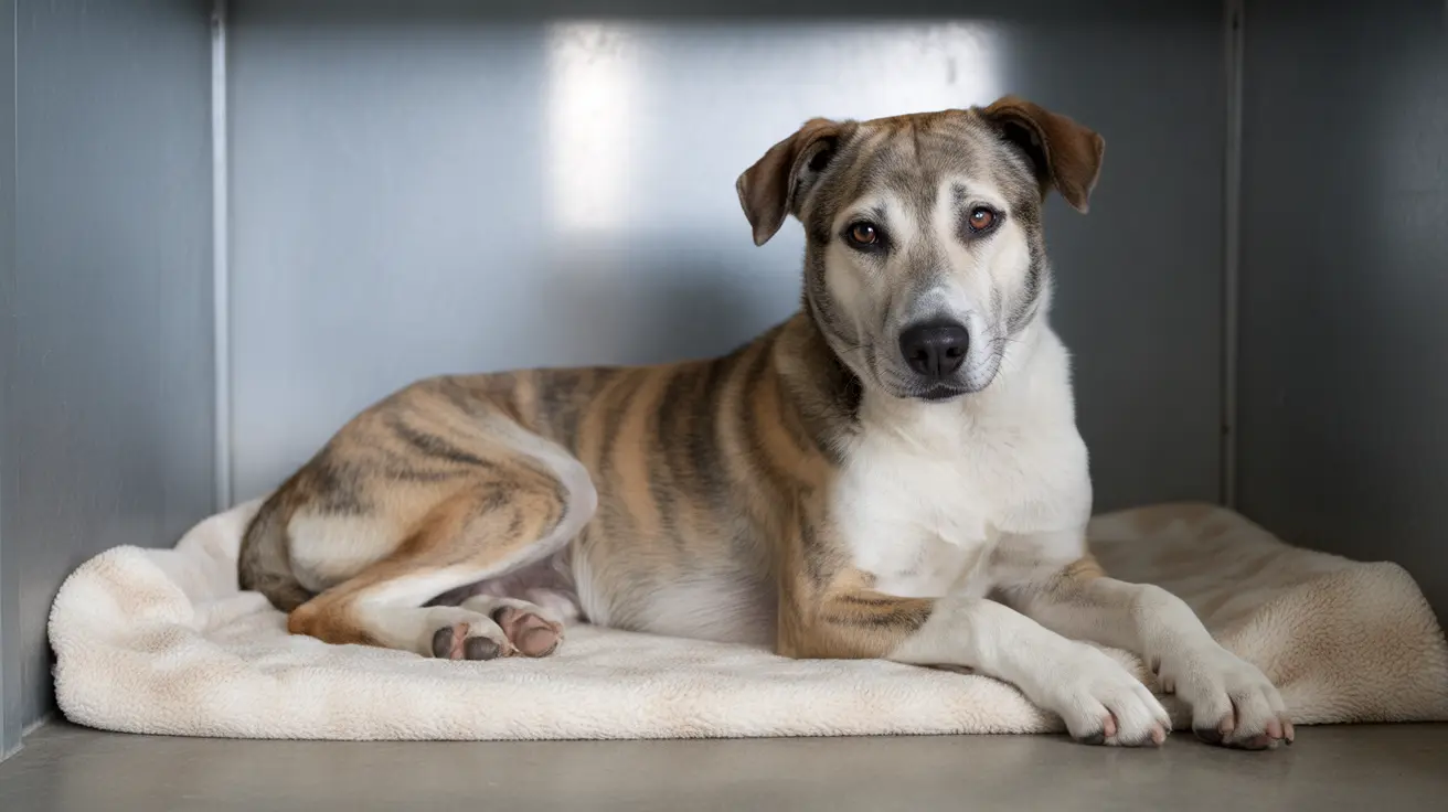 Un perro de raza mixta con manchas marrones y blancas acostado en una cama de color crema en un ambiente tipo perrera o refugio