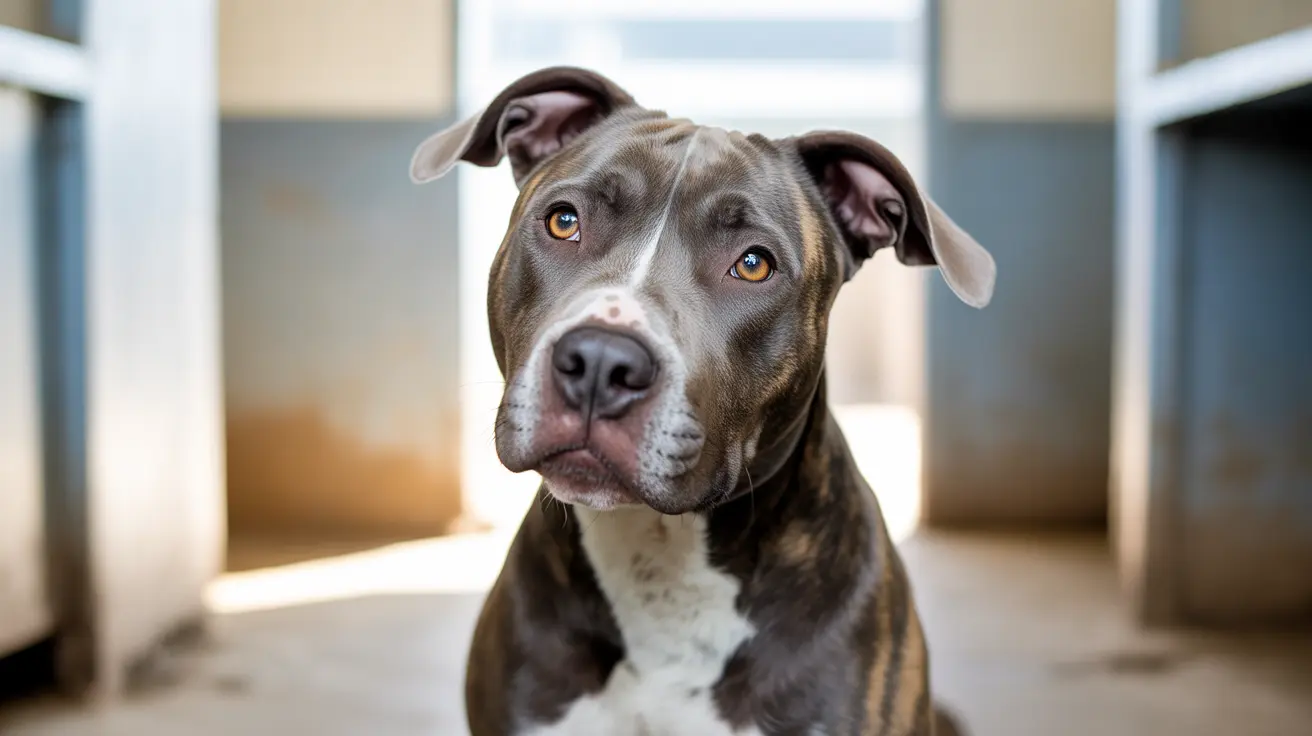 Rescued pit bull dog showing signs of recovery from dogfighting abuse