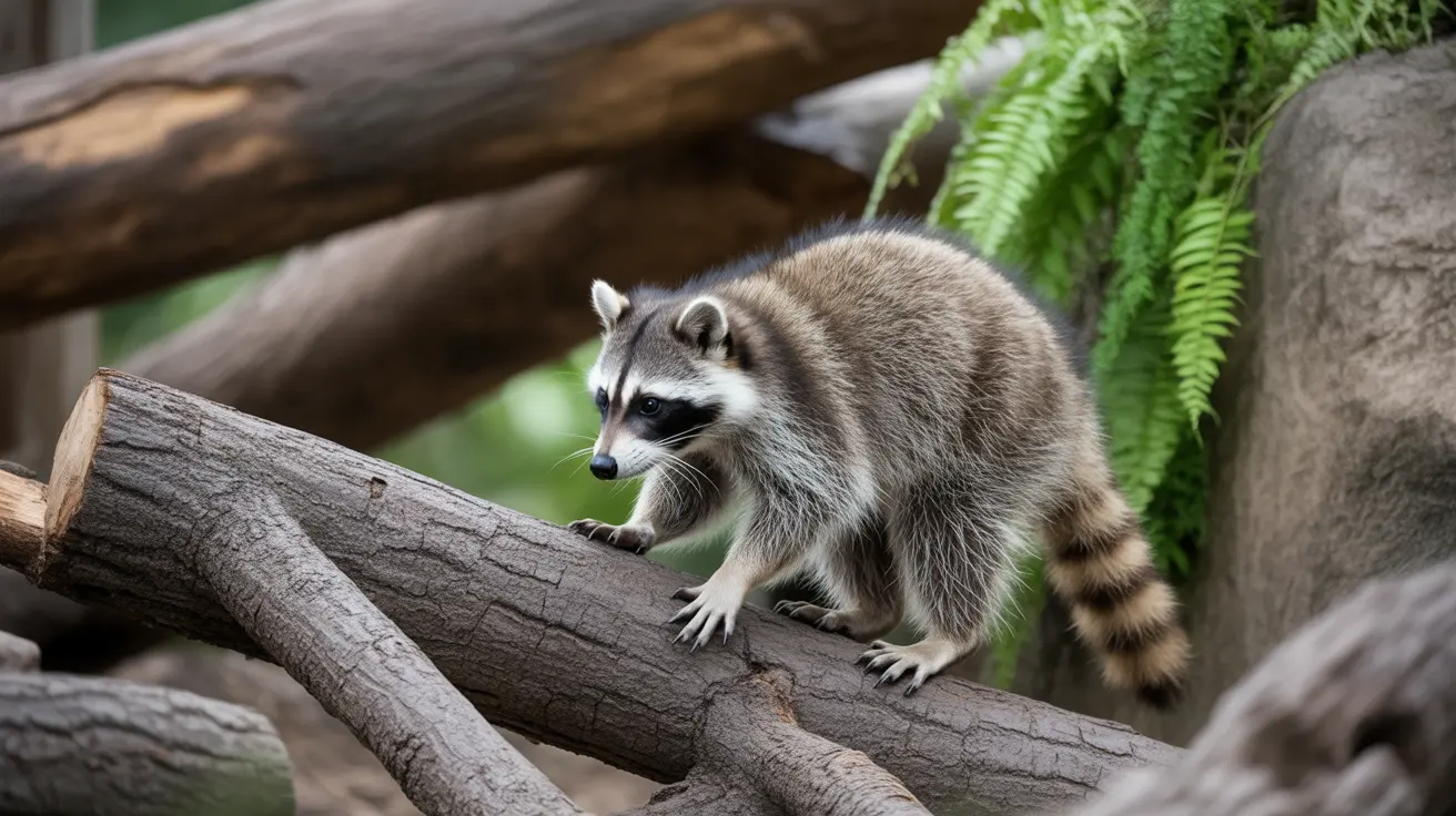 Raccoon climbing on natural branches in a rehabilitation habitat