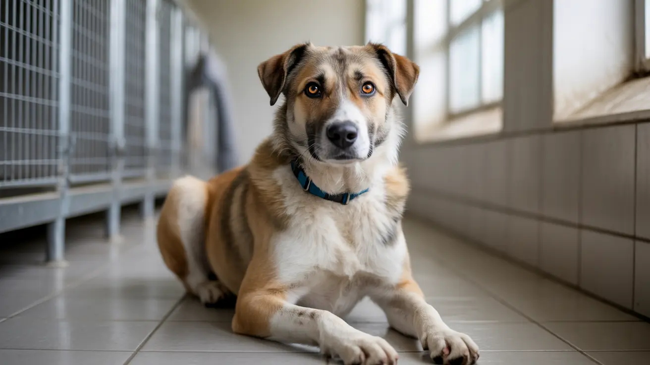A dog showing signs of abuse being cared for in a rescue shelter