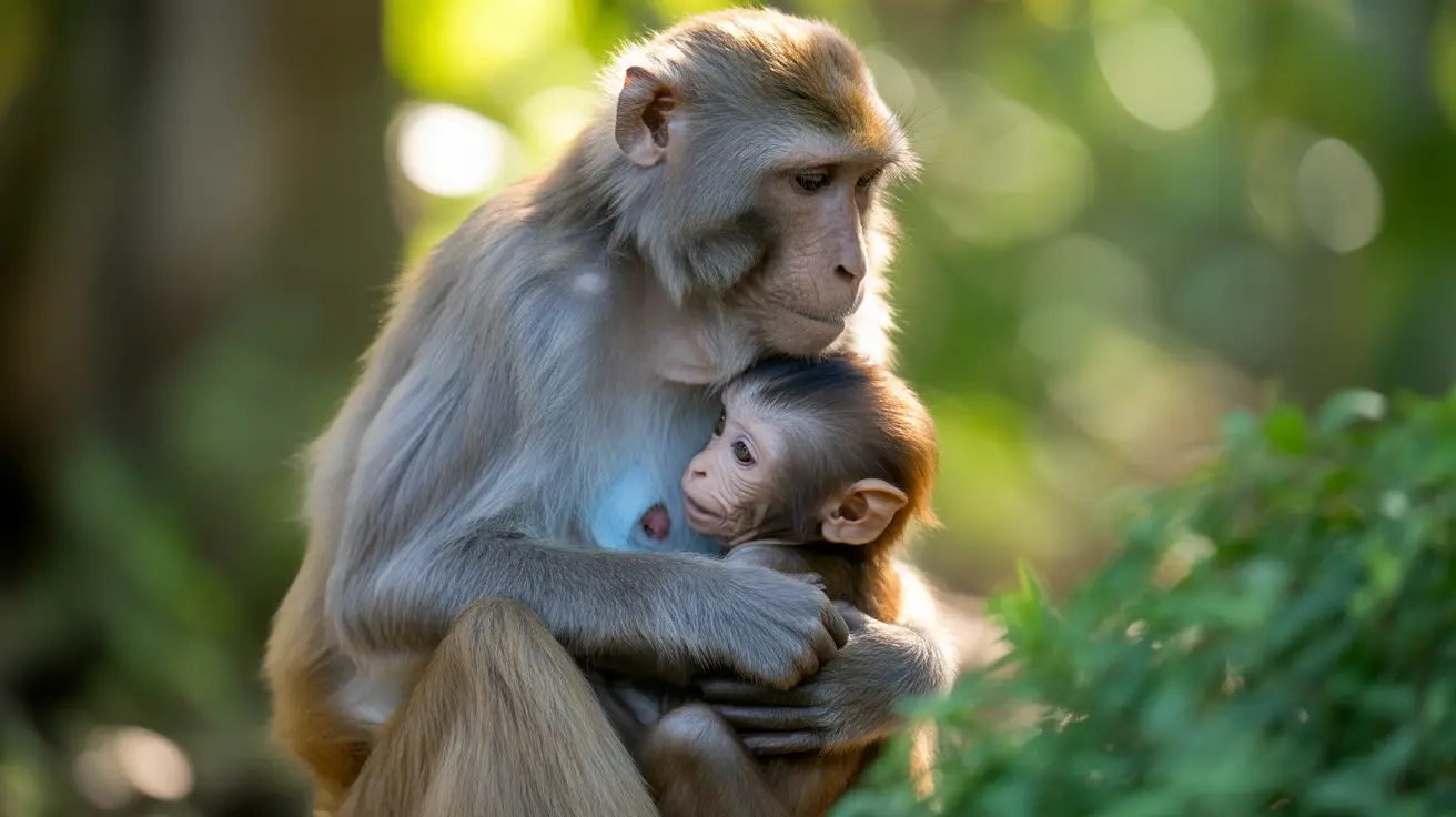 自然の森林の環境で、母猿が優しく幼い赤ちゃんを抱きしめている。