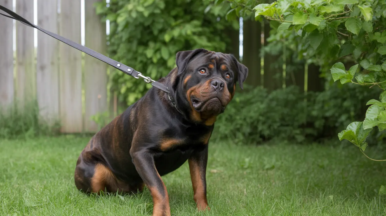 Un Rottweiler musclé assis sur de l'herbe verte, portant une laisse et ayant l'air alerte