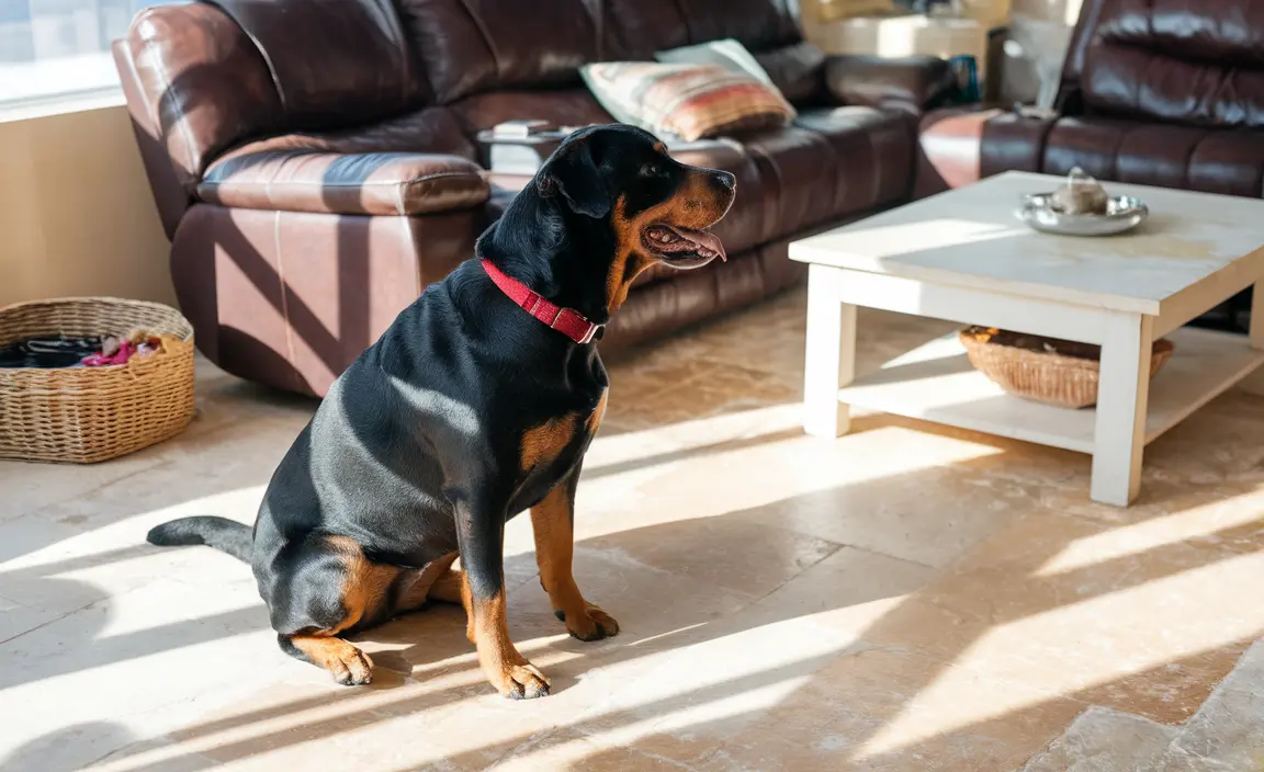 A Rottweiler sits attentively in a sun-drenched living room, alert eyes following children playing.