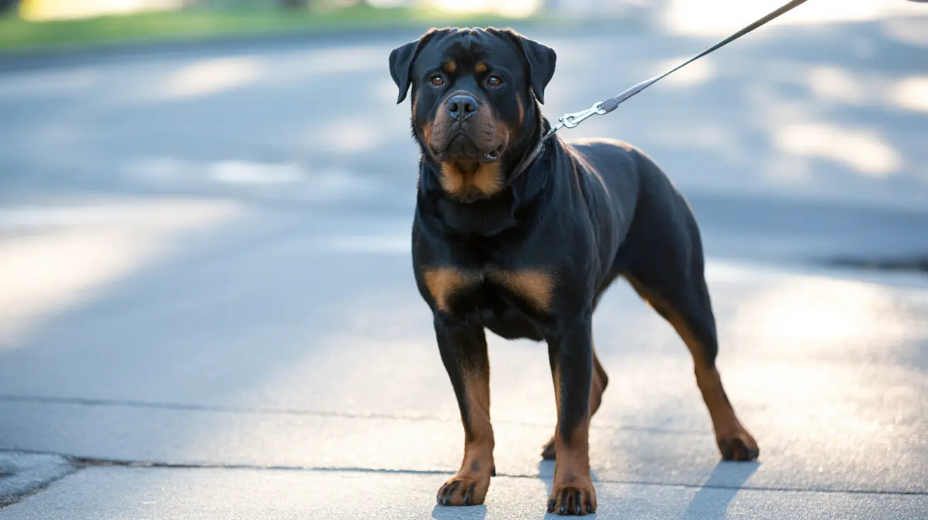 Un Rottweiler noir et feu se tenant sur un trottoir en béton avec une laisse.