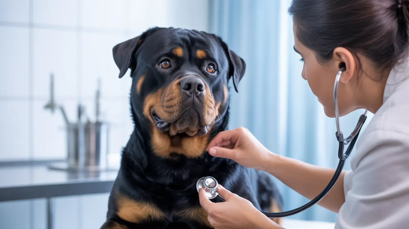 A calm Rottweiler being examined by a veterinarian using a stethoscope