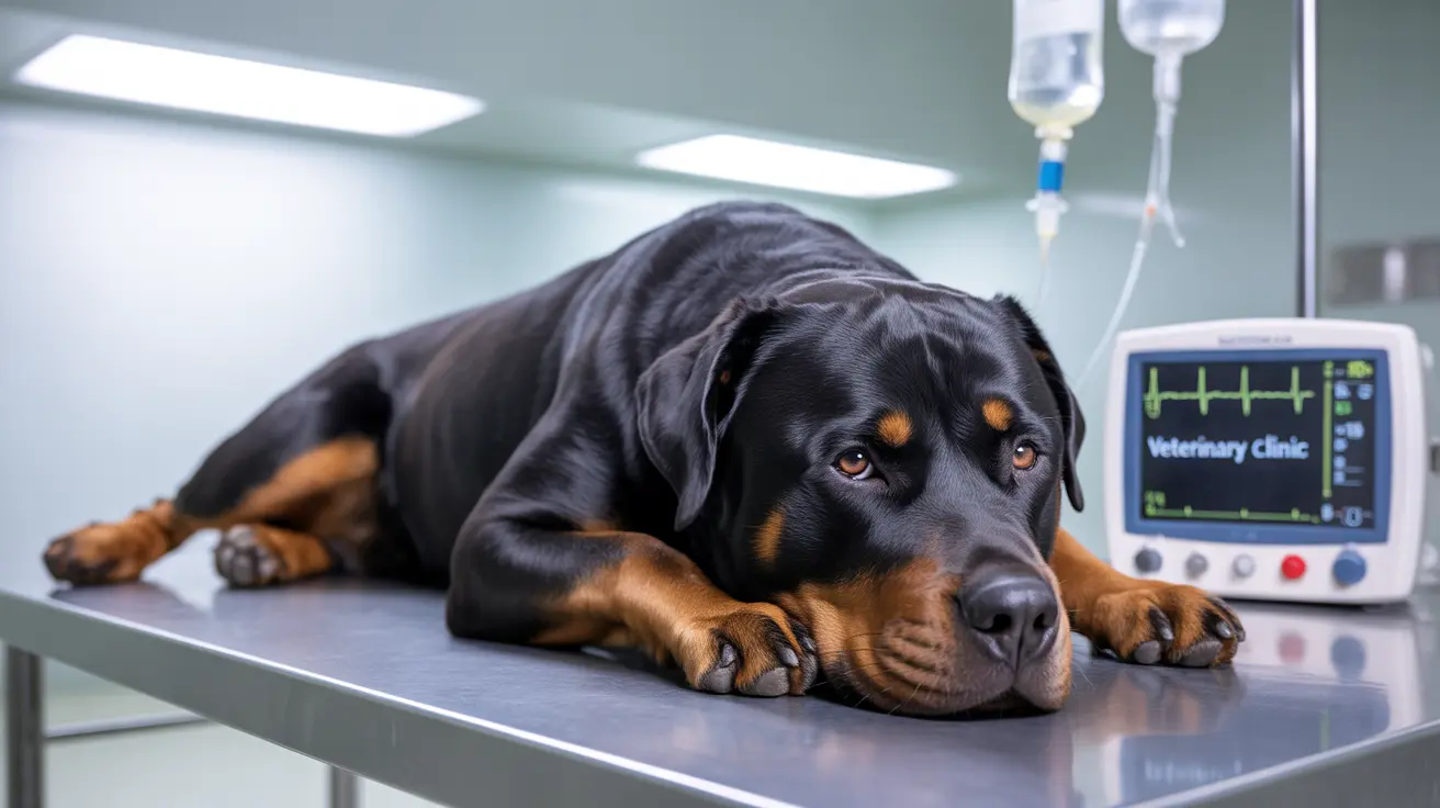 Rottweiler resting on exam table in veterinary clinic