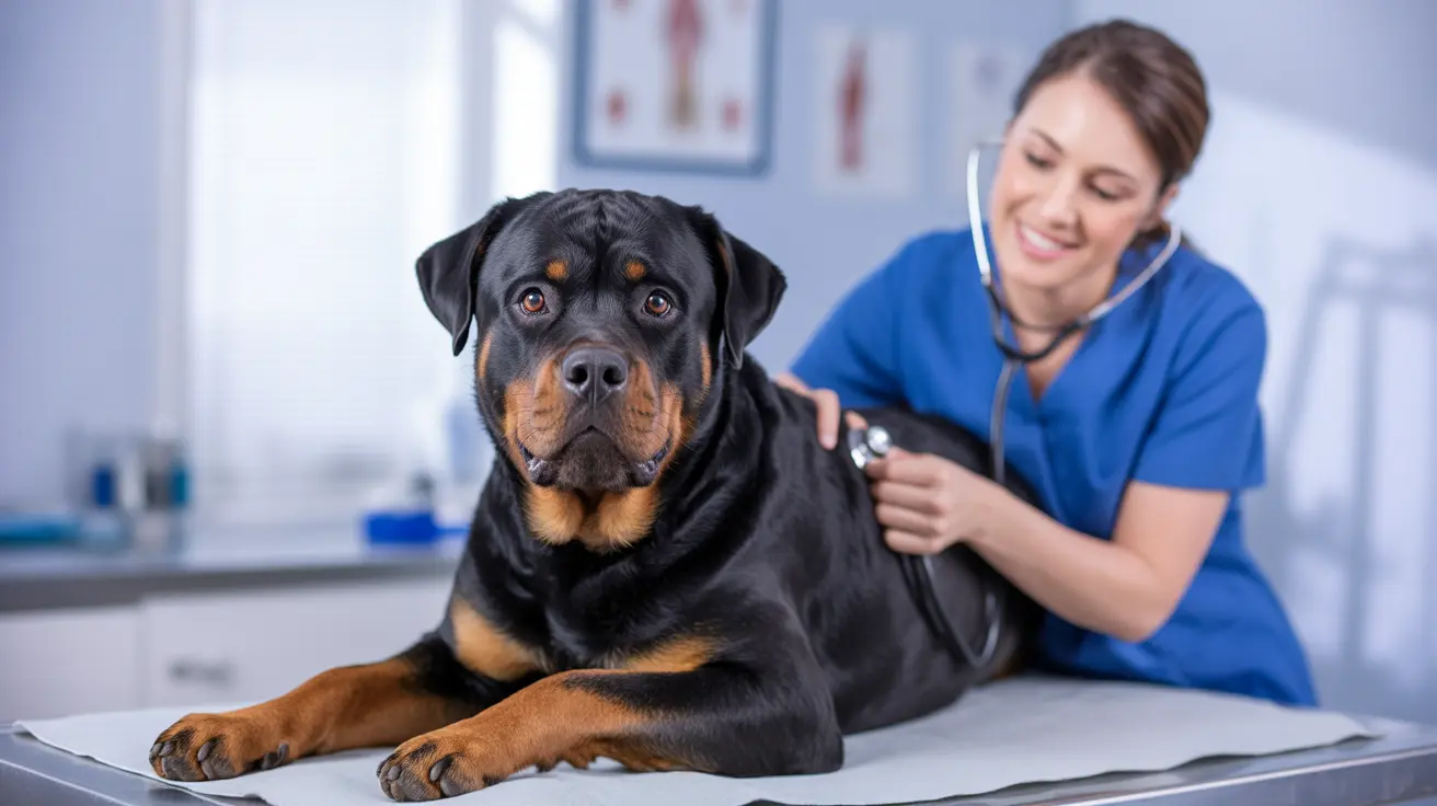 A Rottweiler receiving a veterinary examination from a smiling medical professional