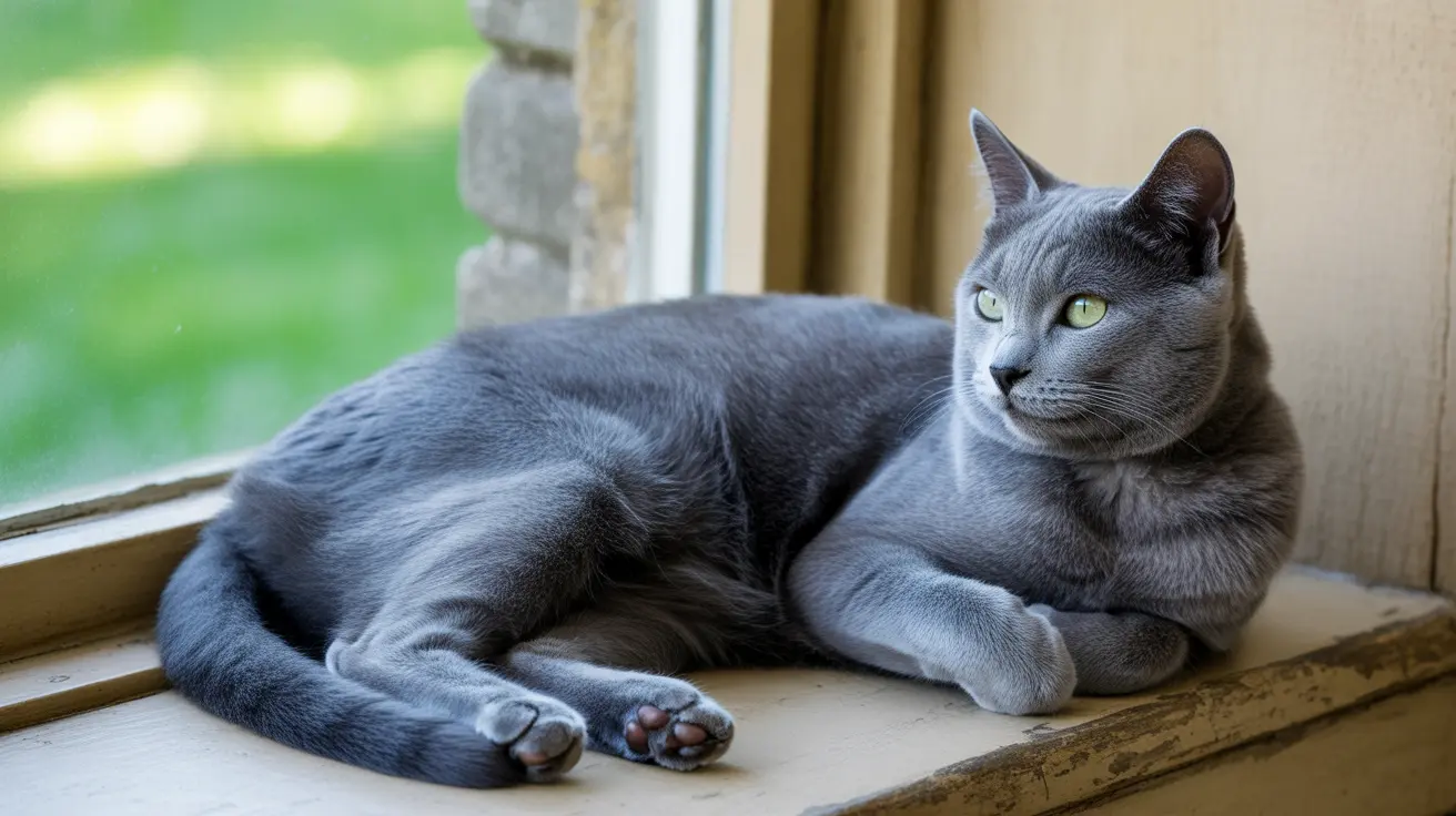 The Russian Blue cat lounges elegantly on a sun-drenched windowsill, its silvery-blue coat shimmering softly in the warm afternoon light.
