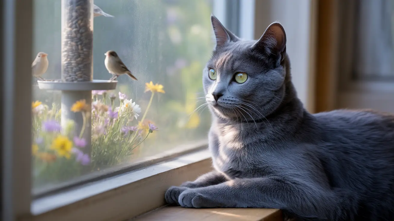 ロシアンブルーの猫が窓辺に座り、近くに置かれた餌台にいる鳥を真剣な眼差しで見つめている様子