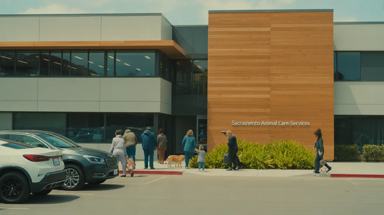 Personas con un perro pequeño reunidas afuera del edificio de Sacramento Animal Care Services en un día soleado
