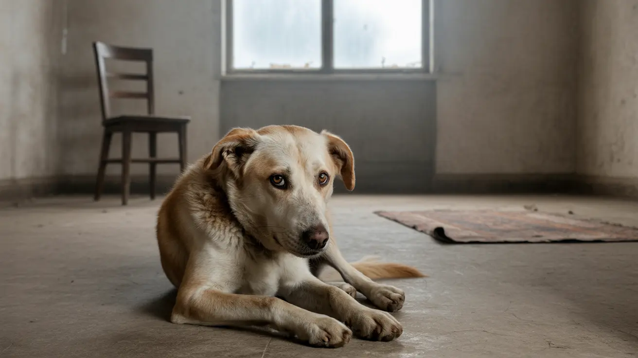 A sad dog left alone inside an empty house