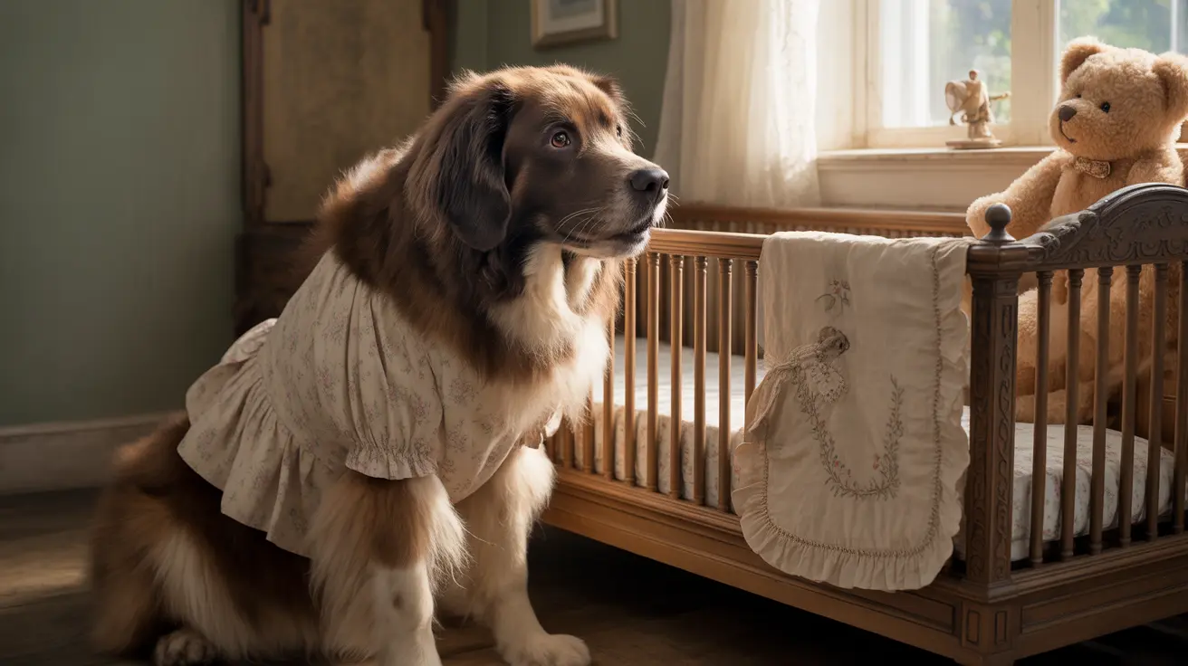 A gentle Saint Bernard sitting near a baby's crib, wearing a soft white dress-like garment