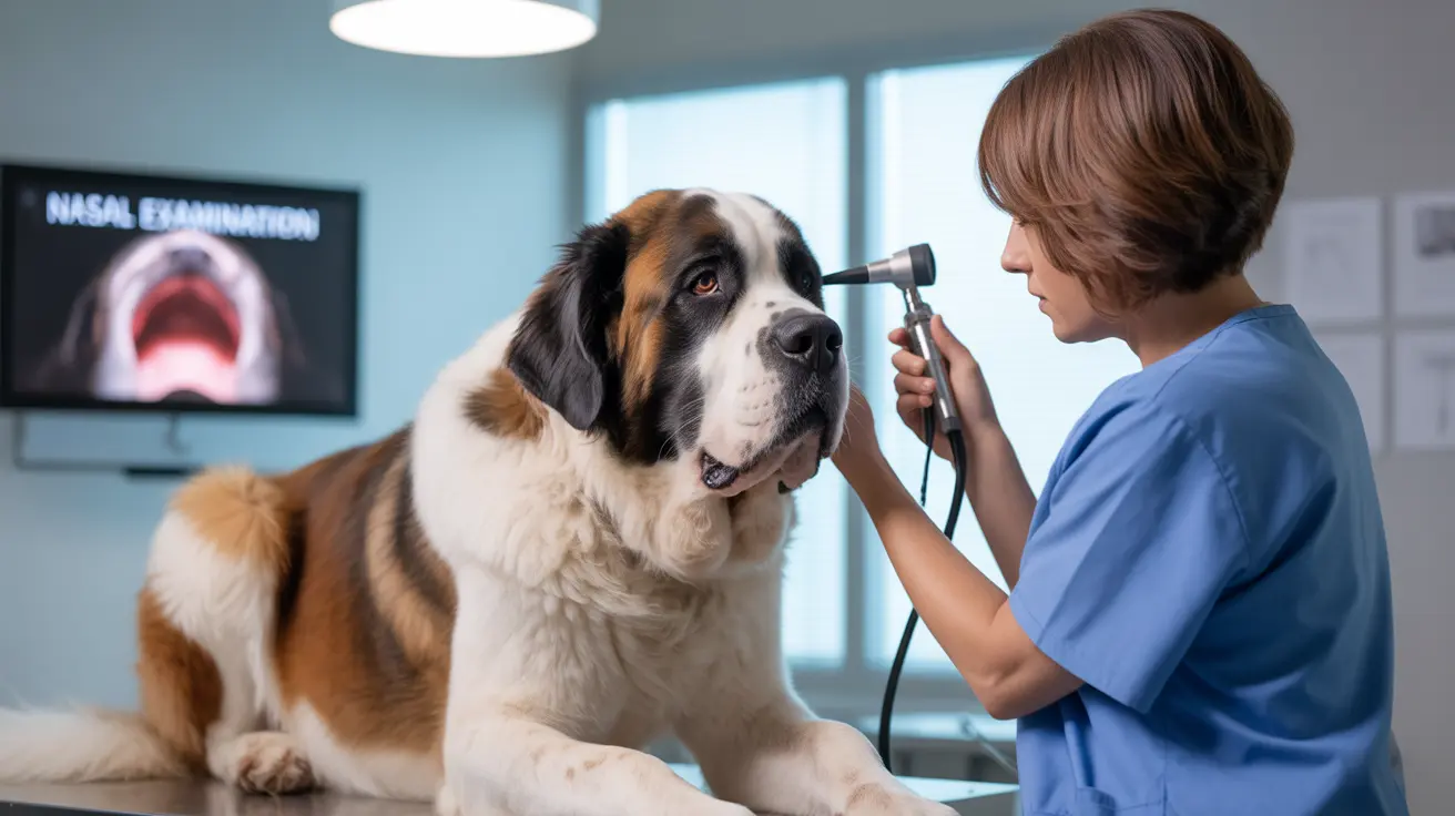Un San Bernardo recibiendo un examen veterinario en un entorno clínico.